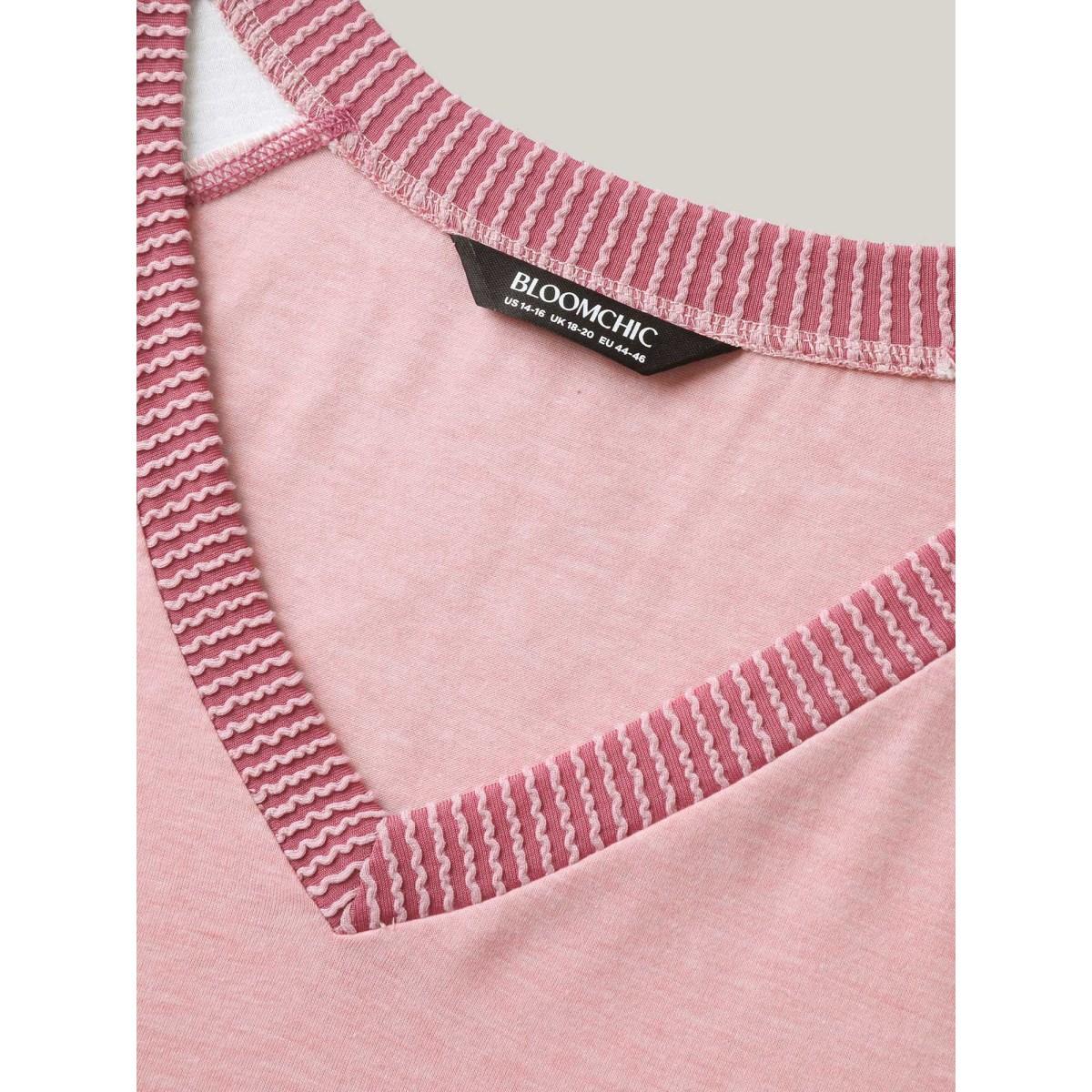 Plus Size Color Contrast Textured Raglan Sleeve T-Shirt Nudepink Women Leisure Texture V-neck Casual T-shirts BloomChic 10/M Product Image