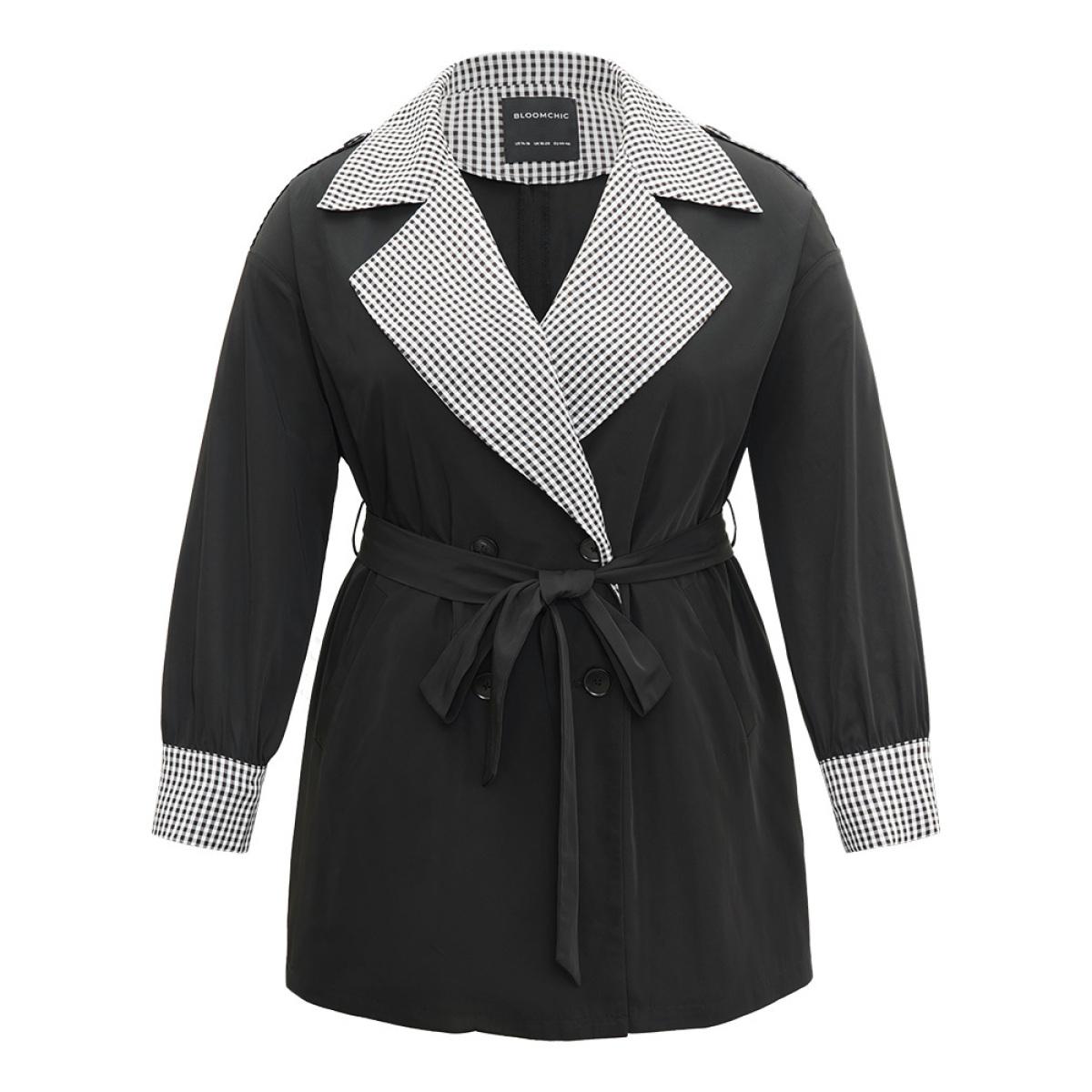 Plus Size Gingham Patchwork Belted Pocket Coat Women Black Casual Belted Ladies Dailywear Winter Coats BloomChic 12/L Product Image