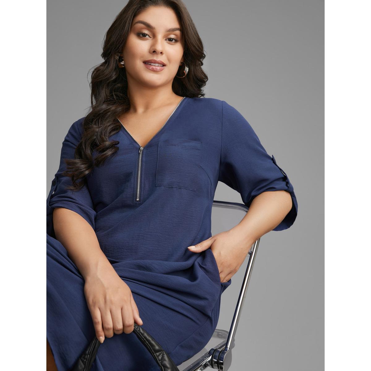 Plus Size Solid Half Zip Tab Sleeve Dress Navy Women At the Office Non V-neck Elbow-length sleeve Curvy BloomChic 12/L Product Image
