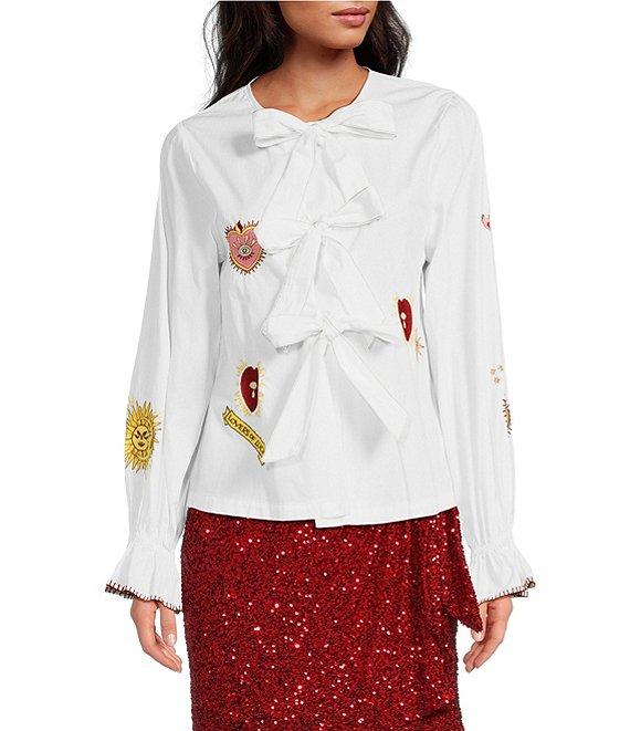 Never Fully Dressed Embroidered Mystical Motif Crew Neck Long Sleeve Tie Front Top Product Image