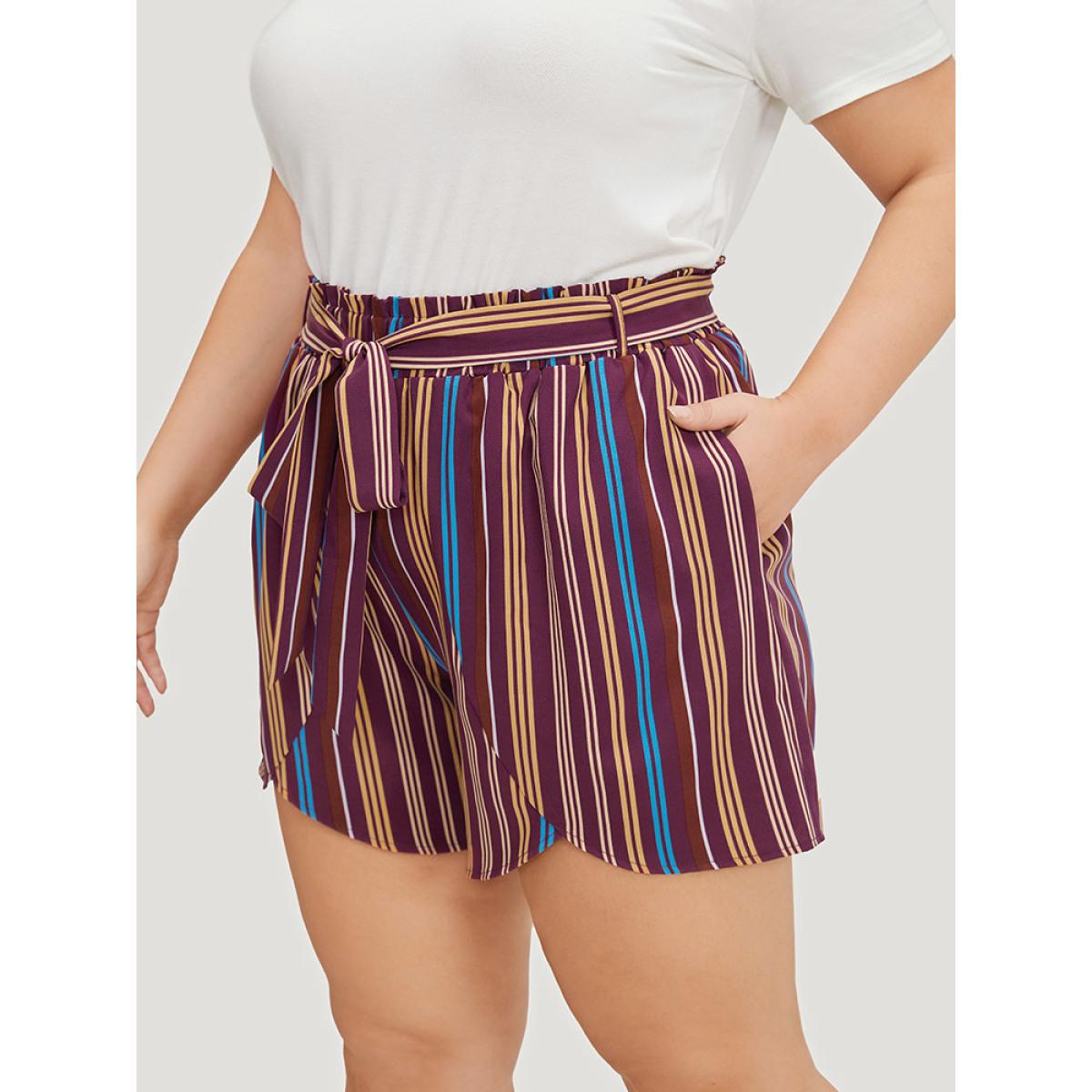 Plus Size Colour Striped Print Belted Wrap Hem Shorts Women Multicolor Vacation Cross straps Dailywear Shorts BloomChic 22-24/3X Product Image
