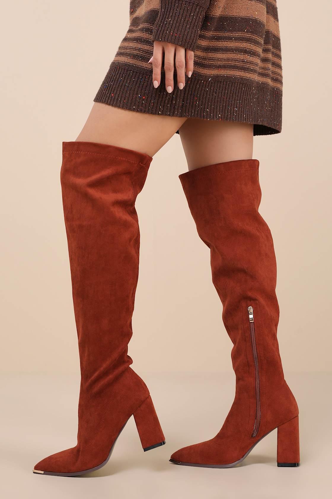 Bellwood Cognac Suede Pointed-Toe Over-the-Knee Boots Product Image