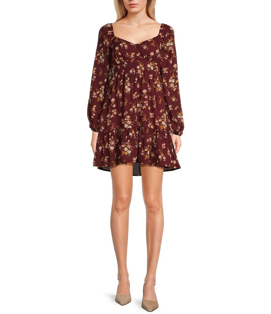 Blu Pepper Floral Long Sleeve Ruffle Hem Mini Dress Product Image