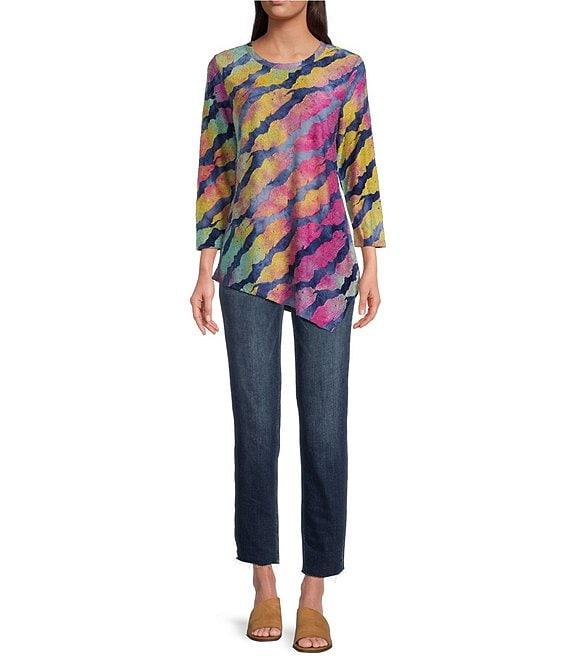 Calessa Burnout Tie Dye Asymmetrical Crew Neck 3/4 Sleeve Tunic Product Image
