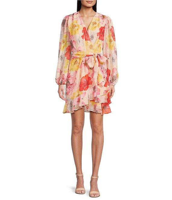 Alex Marie Laurel Floral Print Crinkle Chiffon Long Sleeve Surplice V-Neck A-Line Dress Product Image