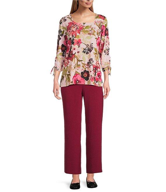 Allison Daley Petite Size Pansy Garden Print Embellished 3/4 Ruched Tie Sleeve Square Neck Knit Top Product Image