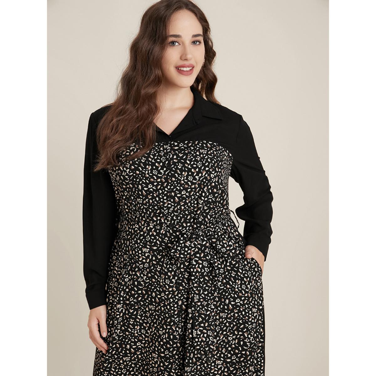 Plus Size Leopard Patchwork Pocket Button Up Belted Split Dress Black Women Office Patchwork Shirt collar Long Sleeve Curvy Midi Dress BloomChic 28/5X Product Image