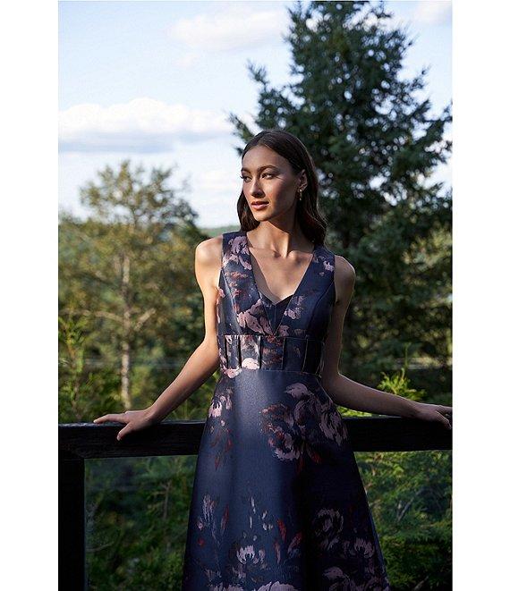 Kay Unger Floral Mikado V-Neck Sleeveless Pin Tuck Side Pocket Gown Product Image