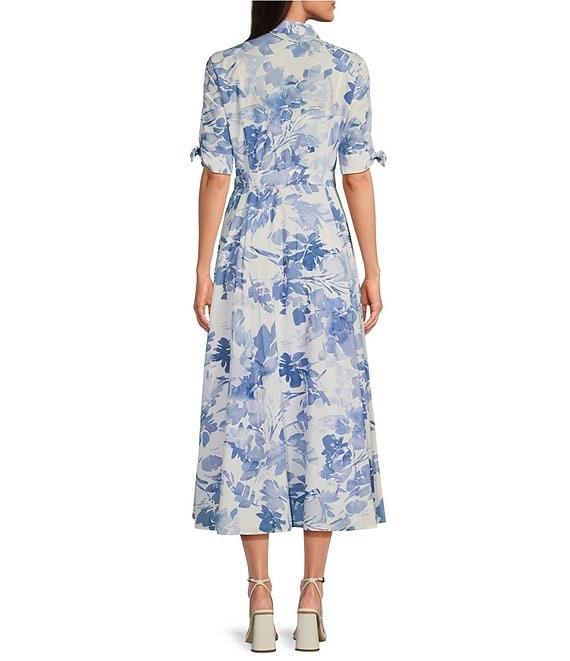 Calvin Klein Short Sleeve Point Collar Tie Waist Floral Printed Midi A-Line Dress Product Image