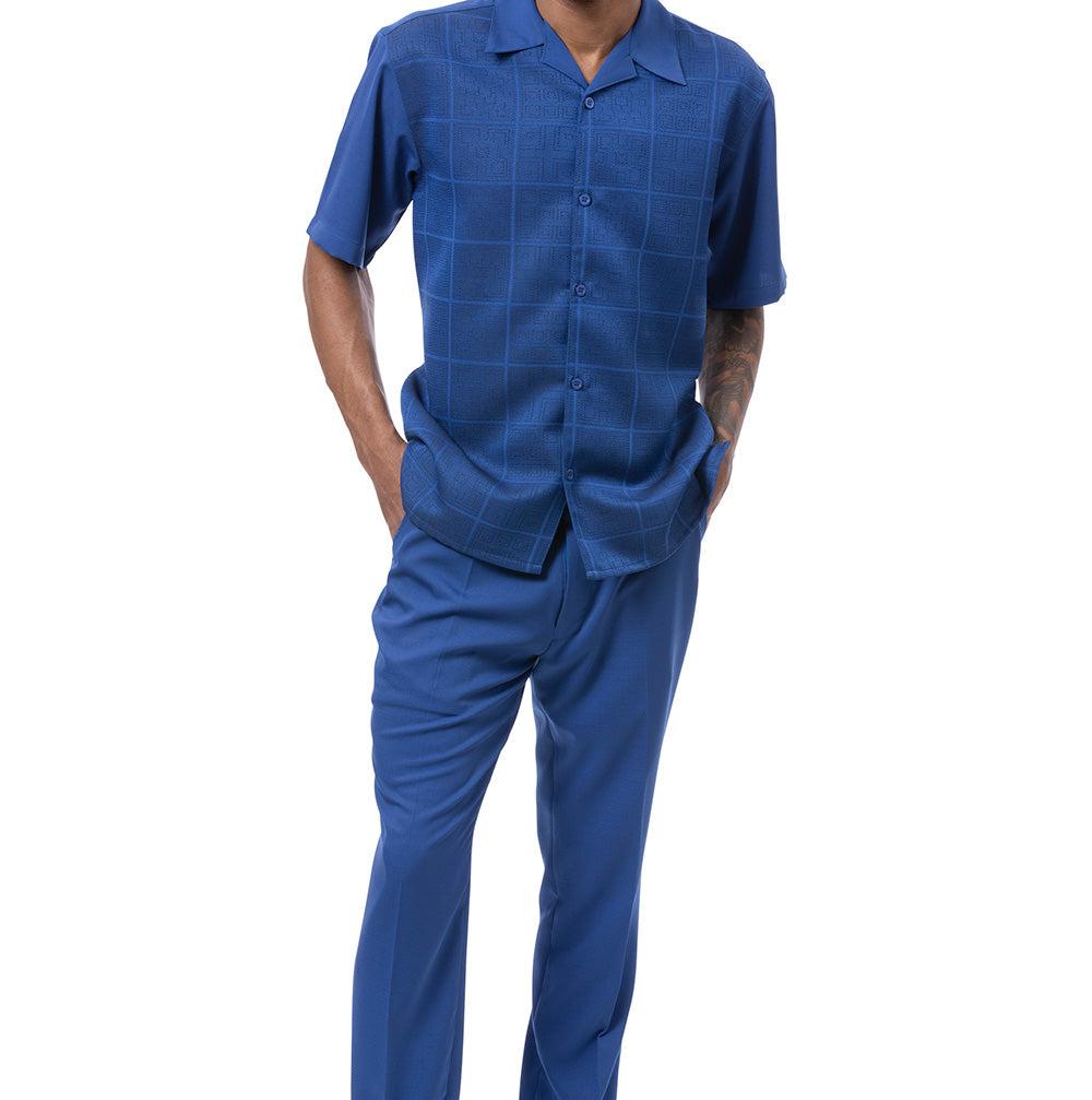Cobalt Tone-on-tone Windowpane Walking Suit 2 Piece Short Sleeve Set Product Image