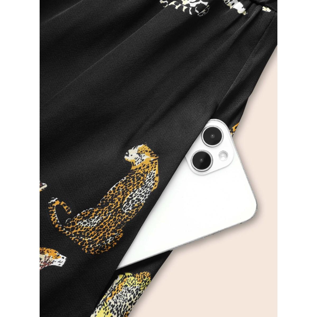 Plus Size Animal Print Elastic Waist Cami Dress Black Women Elegant Non V-neck Sleeveless Curvy BloomChic 30/6X Product Image