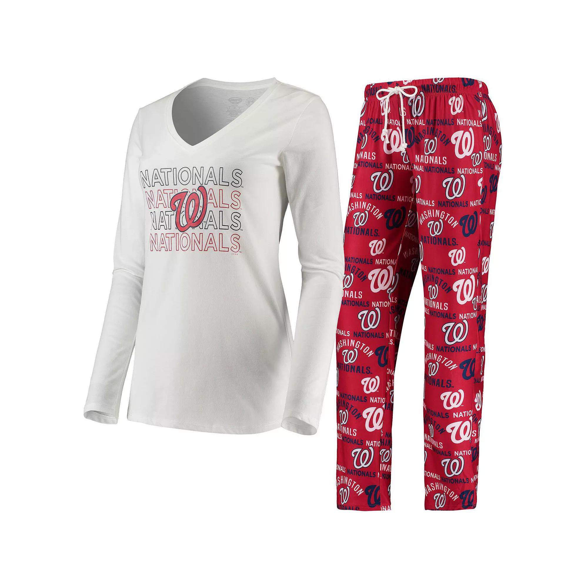 Women's Concepts Sport White/Red Washington Nationals Flagship Long Sleeve V-Neck T-Shirt & Pants Sleep Set, Size: Large Product Image