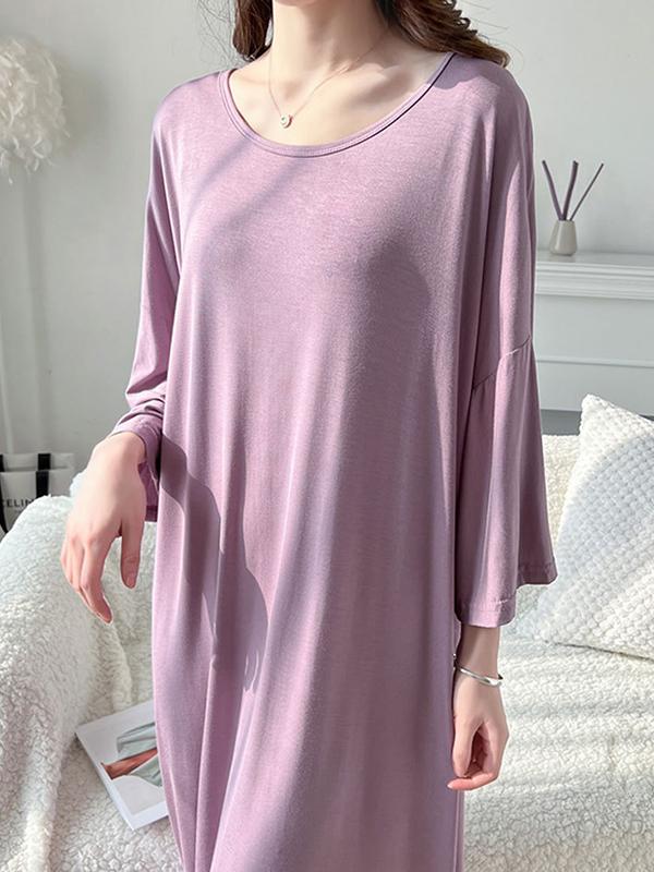 High Waisted Loose Solid Color Split-Joint Round-Neck Pajama Dress Product Image
