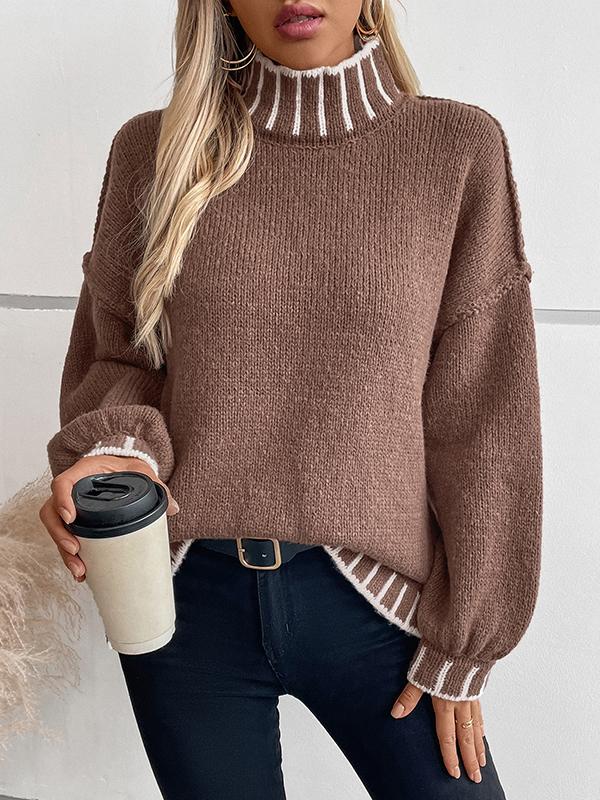 Long Sleeves Loose Contrast Color Split-Joint High Neck Pullovers Sweater Tops Product Image