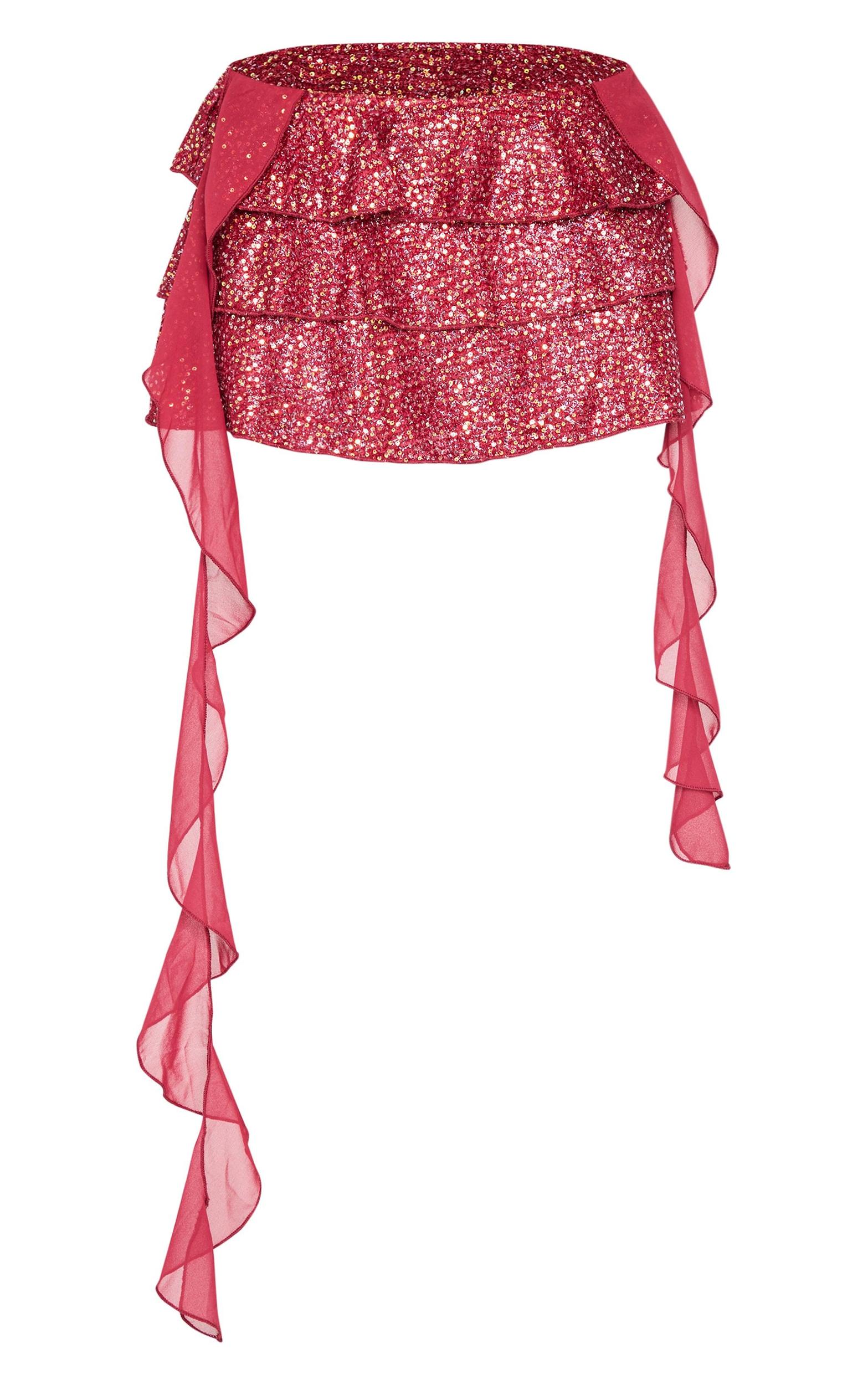 Burgundy Frilly Sequin Draping Detail Mini Skirt Product Image
