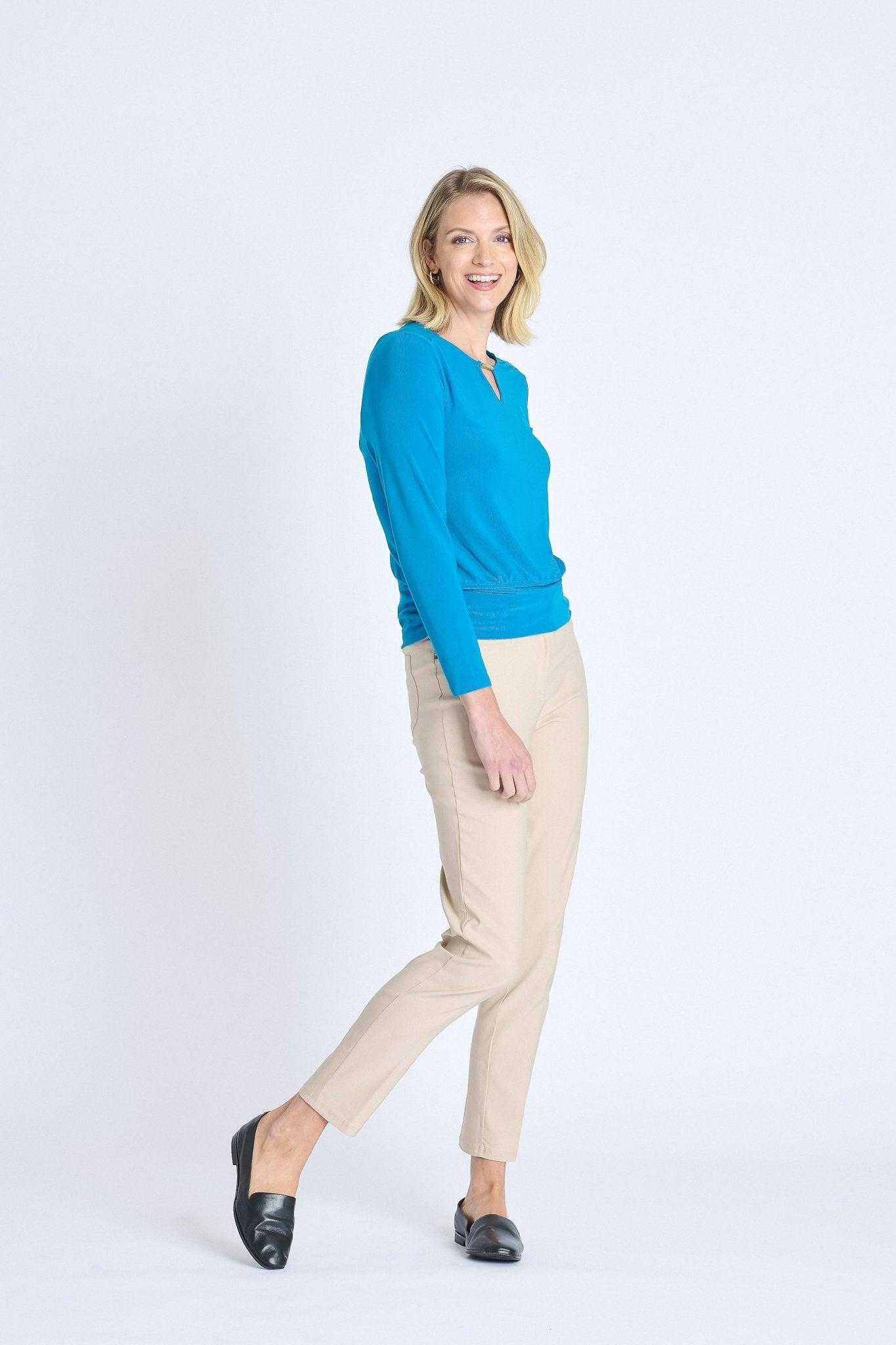 V-Neck Bar Trim Banded Top, Mykonos Blue Product Image