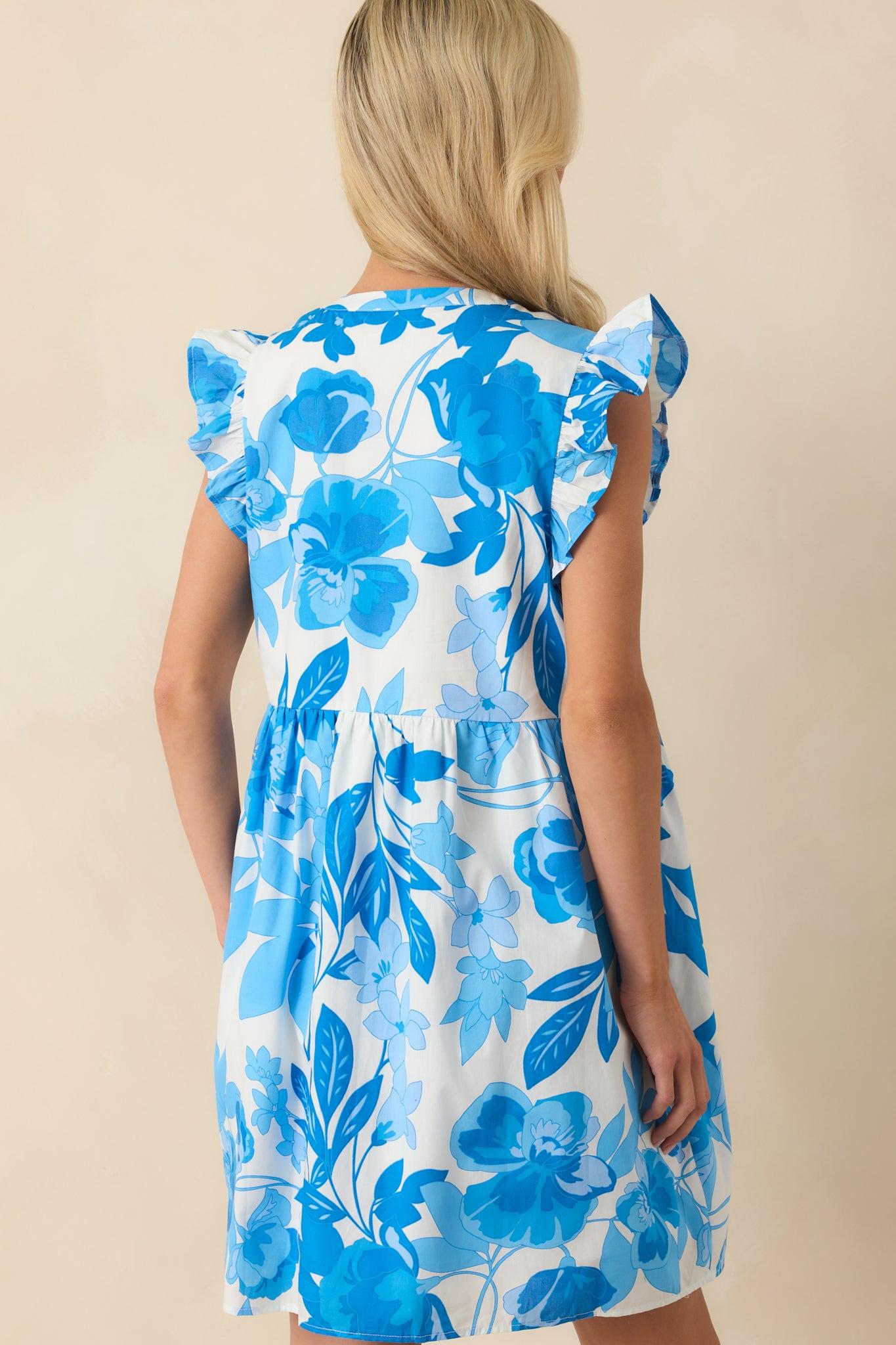 Maybe Someday Blue Floral Print Cotton Flutter Sleeve Mini Dress Product Image