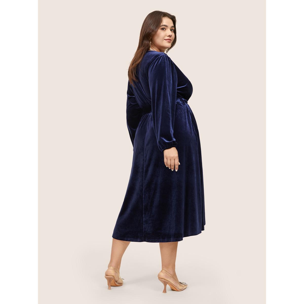 Plus Size Solid Velvet Belted Wrap Arc Hem Dress DarkBlue Women Elegant Elastic cuffs Overlap Collar Long Sleeve Curvy Midi Dress BloomChic 10/M Product Image