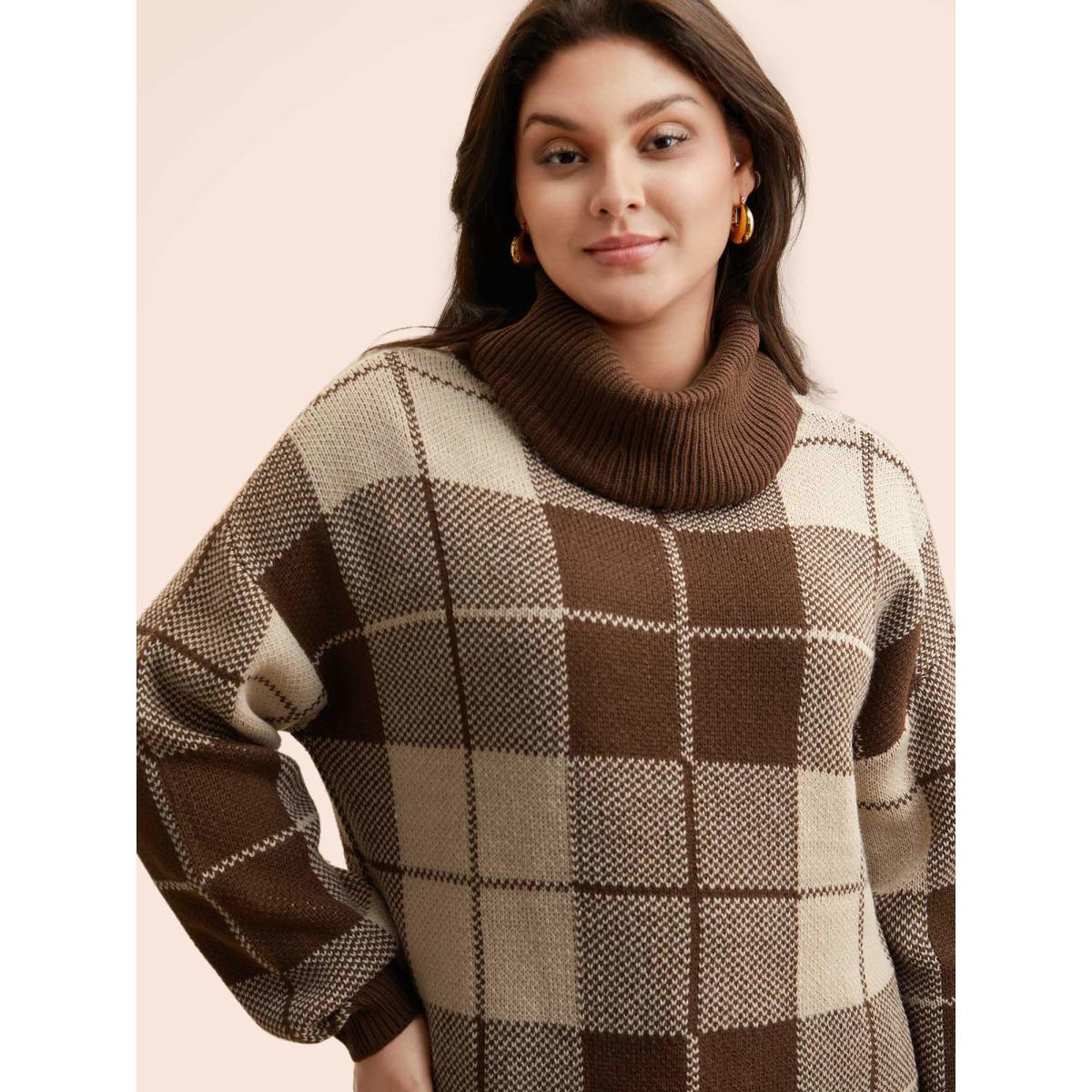 Plus Size Plaid Turtleneck Drop Shoulder Pullover Browncoffeecolor Women Leisure Loose Long Sleeve Turtleneck Casual Pullovers BloomChic 18-20/2X Product Image