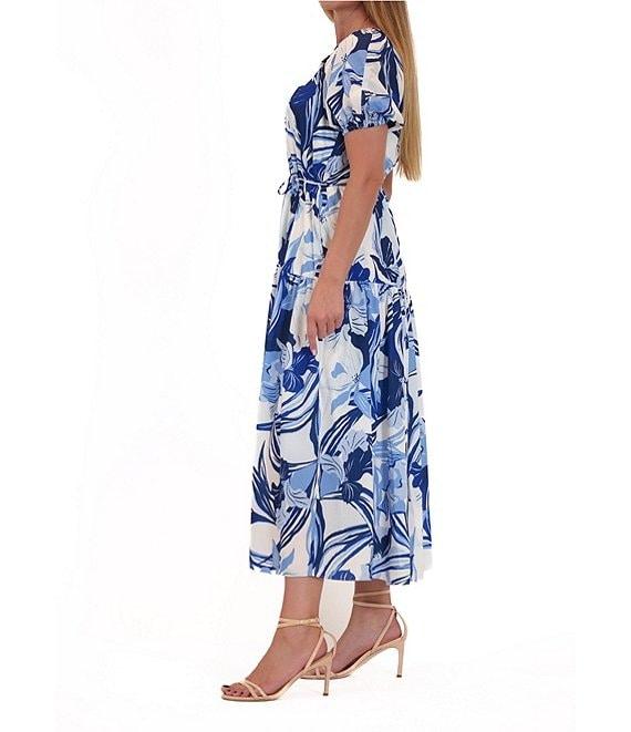Julia Jordan Linen Blend Floral Print V Neck Short Sleeve Tiered A-Line Midi Dress Product Image