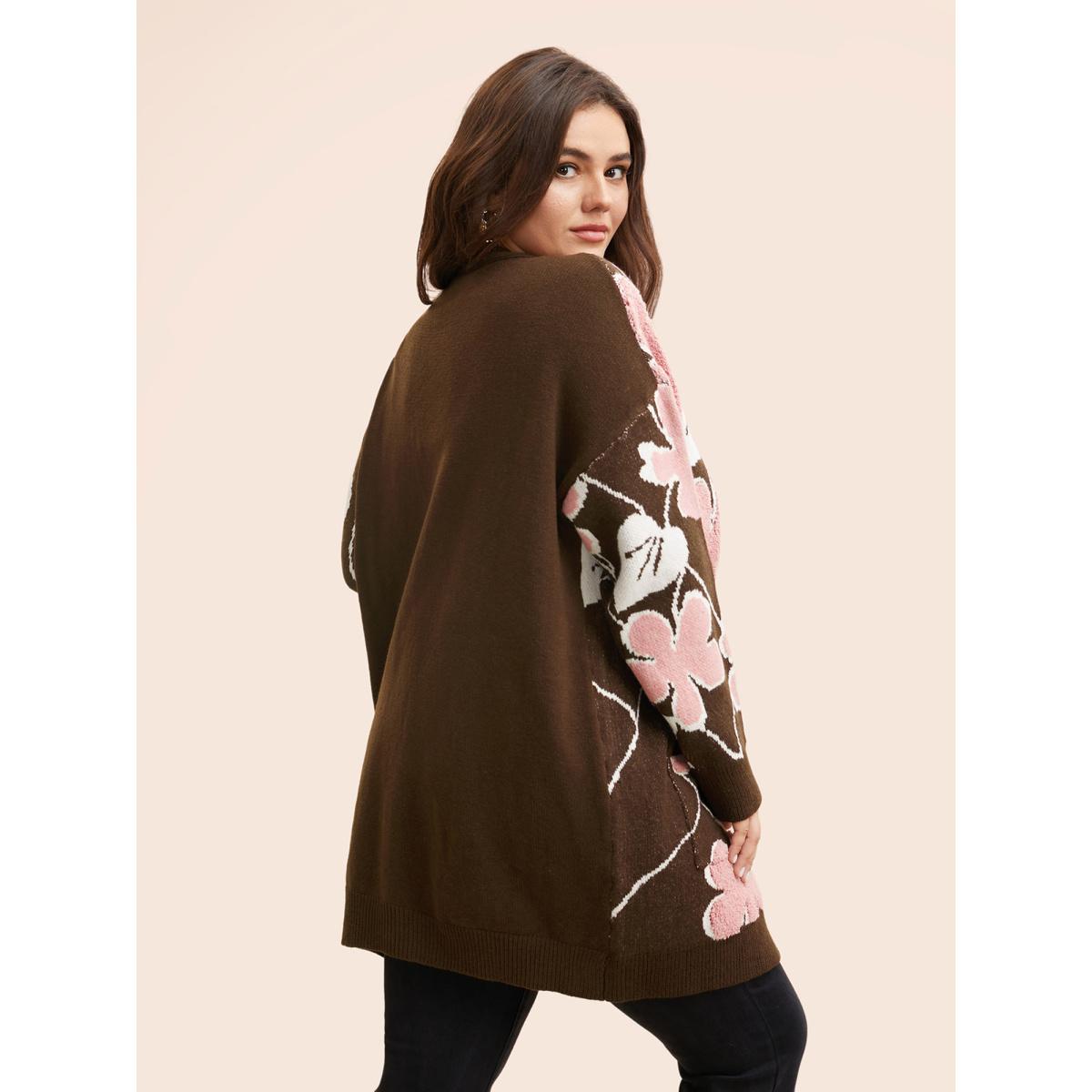 Plus Size Floral Jacquard Open Front Pocket Cardigan Browncoffeecolor Women Playful Loose Long Sleeve Casual Cardigans BloomChic 18-20/2X Product Image