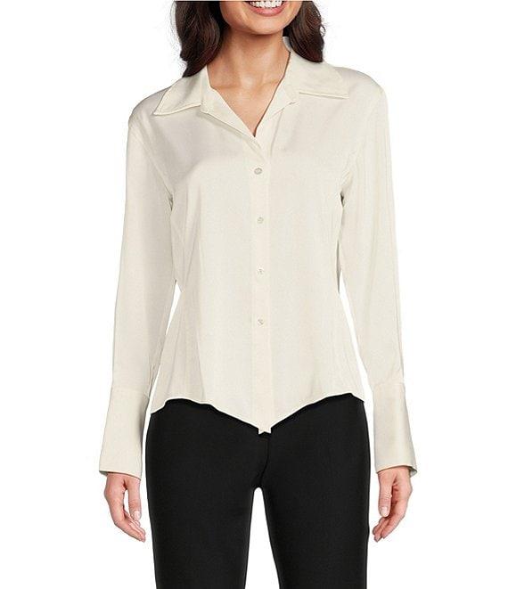 Donna Karan Spread Collar Long Sleeve Pointed Hem Button Down Blouse Product Image