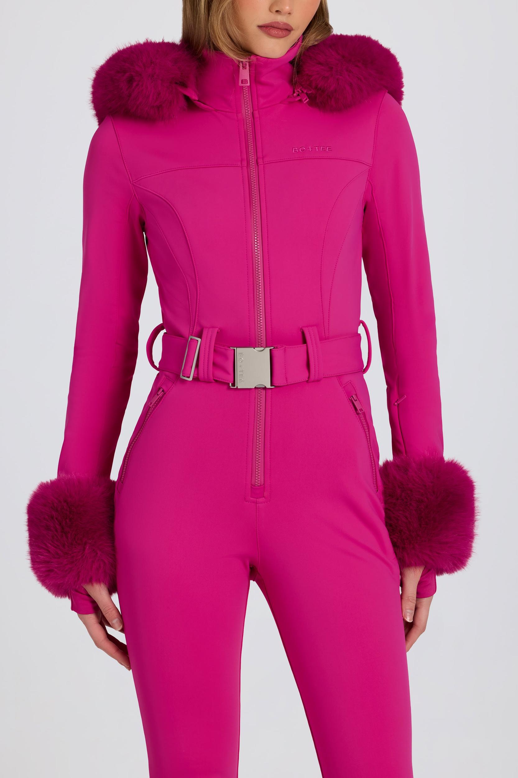 Waterproof Faux-Fur Hood Fitted Ski Suit in Magenta Pink Product Image