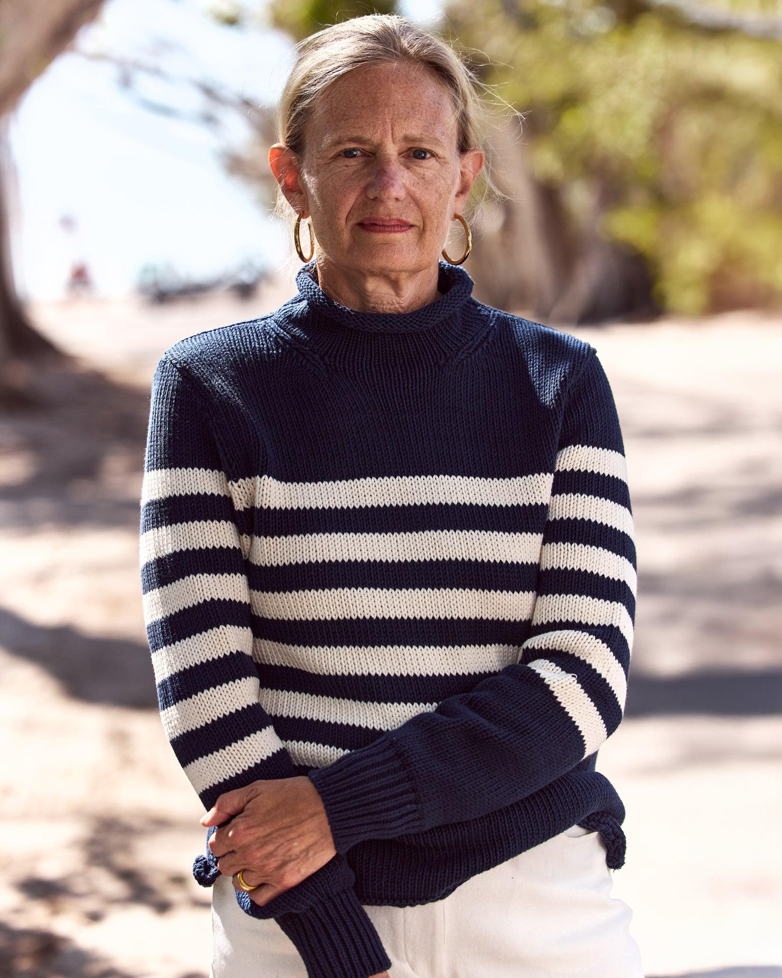 Women's Fisherman's Sweater in Navy/Egret Breton Stripe Product Image