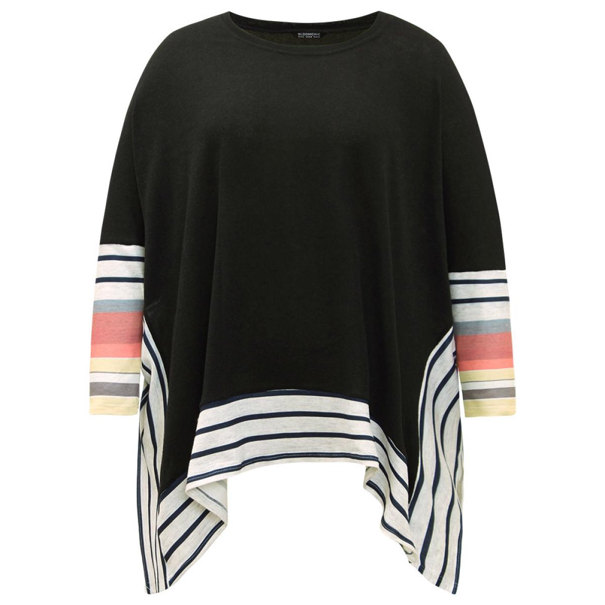 Plus Size Striped Patchwork Colorblock Contrast Crew Neck Sweatshirt Women Black Casual Contrast Round Neck Dailywear Sweatshirts BloomChic 10/M Product Image