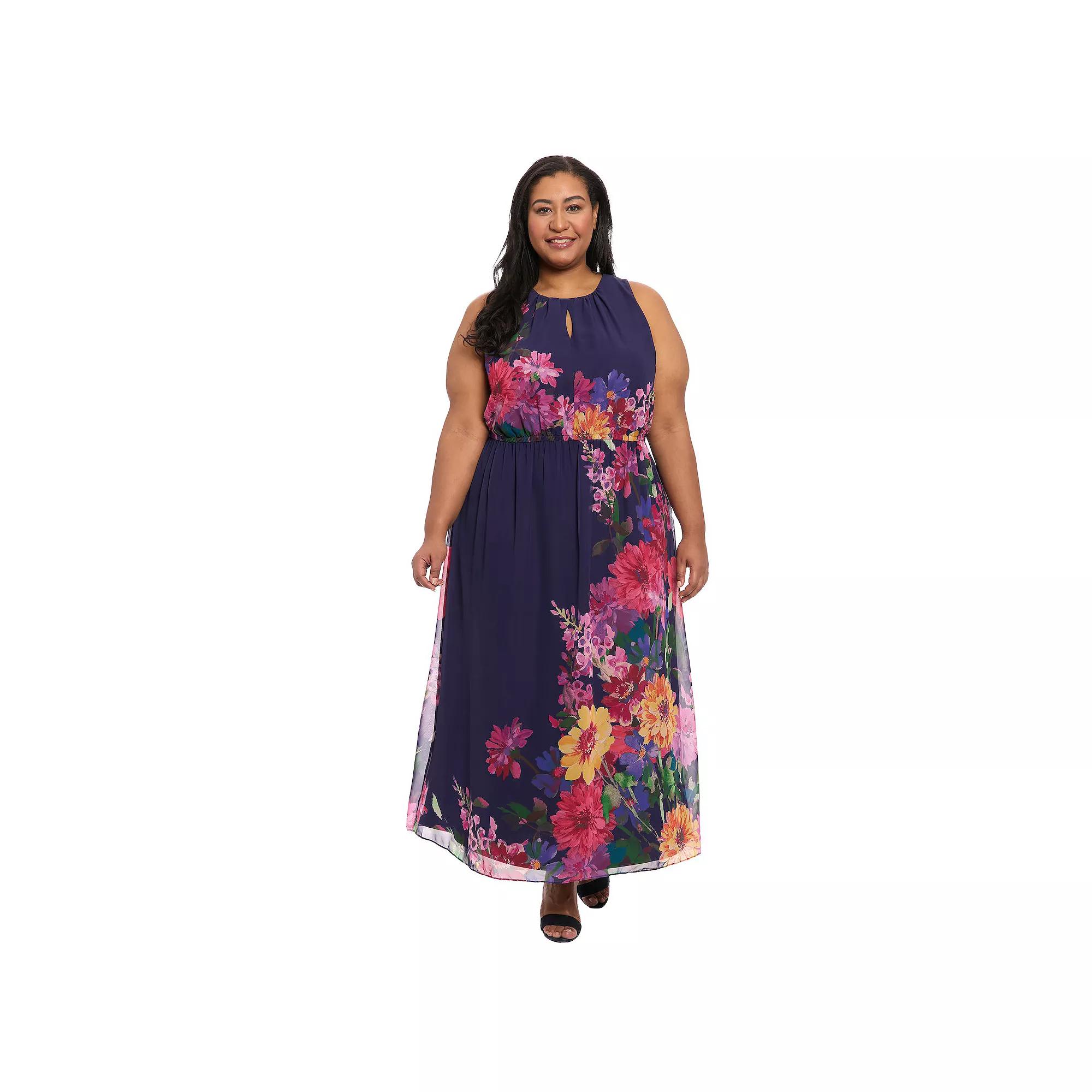 Plus Size London Times Sleeveless Keyhole Maxi Dress, Women's, Size: 2XL, Navy Pink Product Image