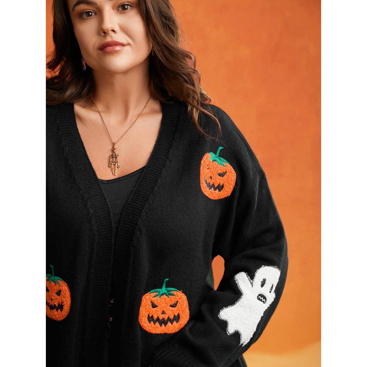 Plus Size Pumpkin Ghost Embroidery Open Cardigan Black Women Playful Loose Long Sleeve Casual Cardigans BloomChic 14-16/1X Product Image
