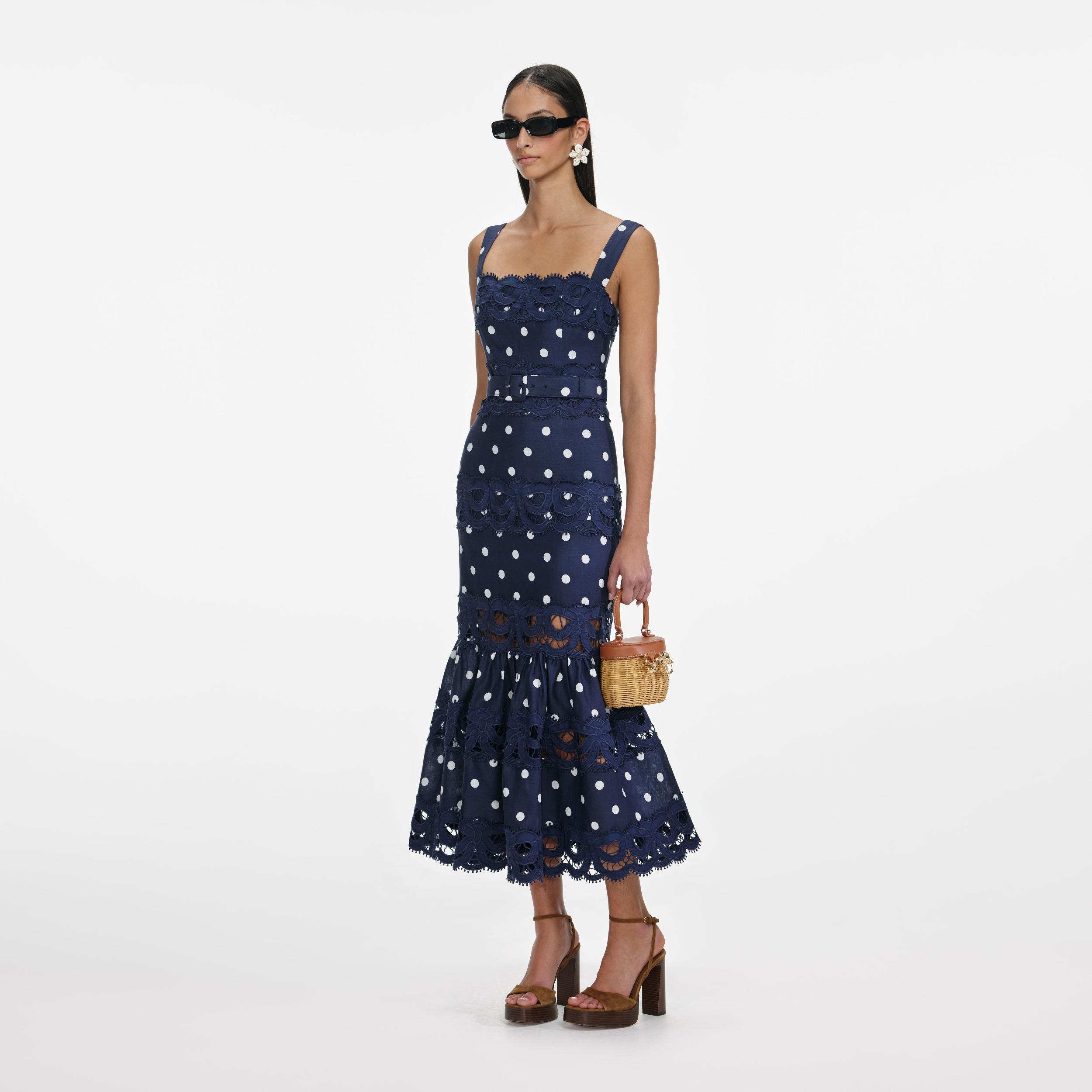 Navy Polka Dot Linen Midi Dress Product Image