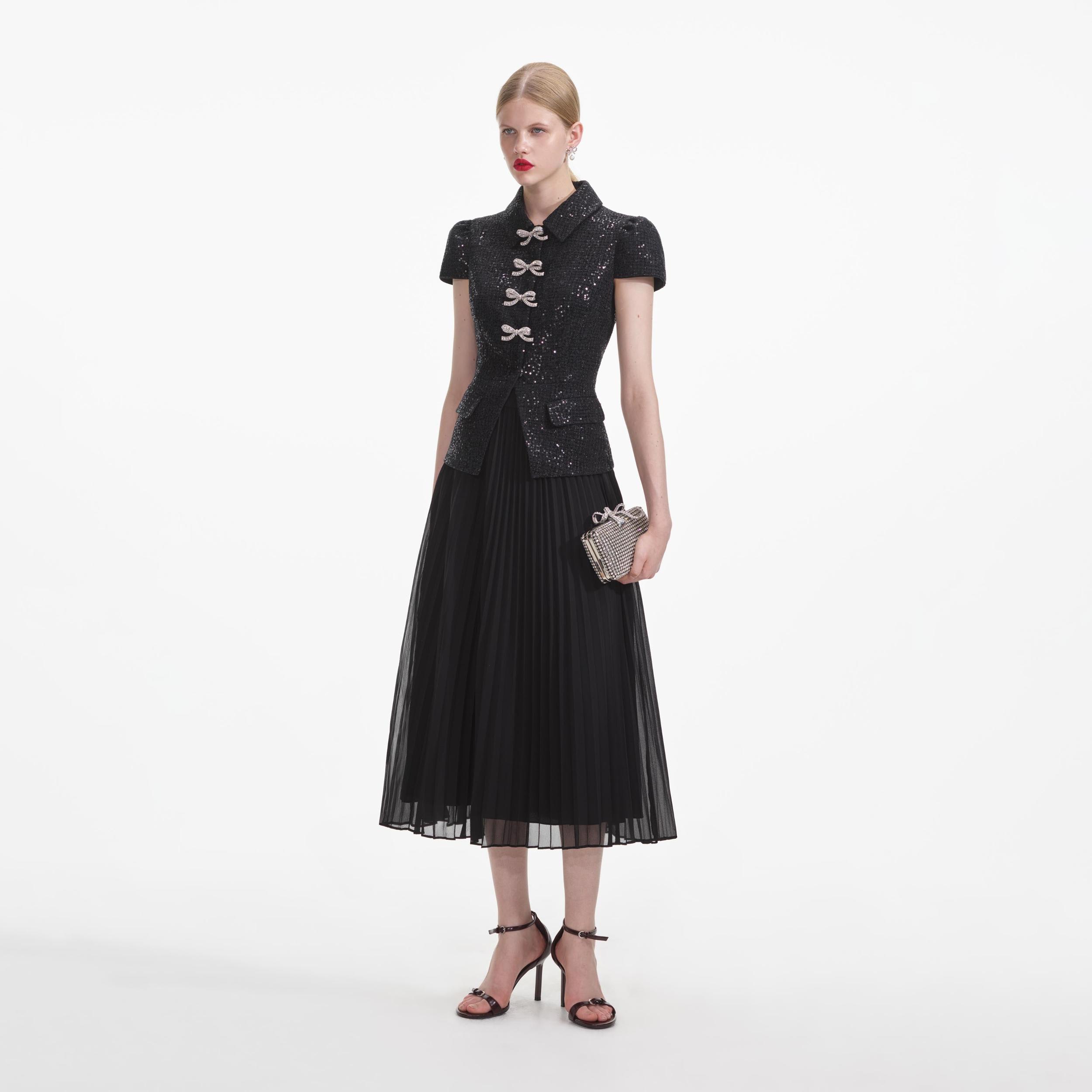 Black Boucle Bow Midi Dress Product Image