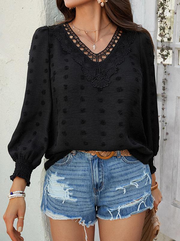 Long Sleeves Loose Elasticity Hollow Jacquard Solid Color V-Neck Blouses&Shirts Tops Product Image