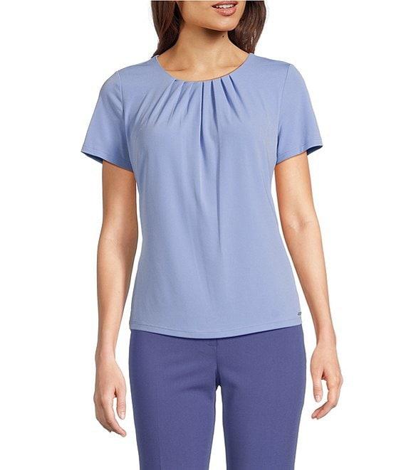Calvin Klein Solid Matte Jersey Pleated Crew Neck Short Sleeve Blouse Product Image