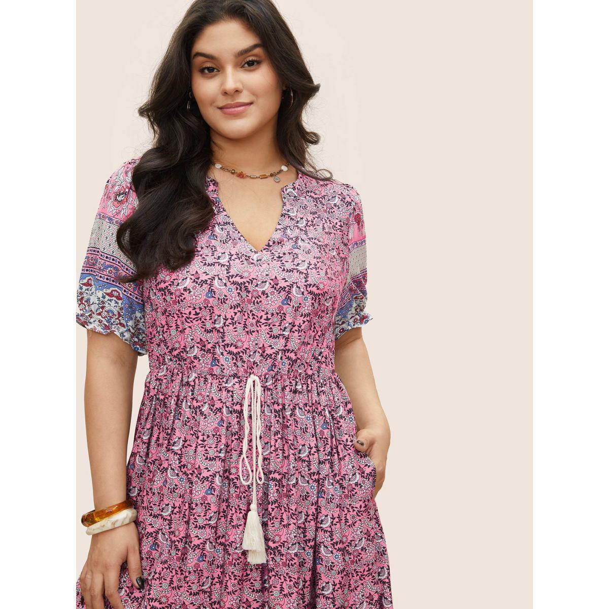 Plus Size Boho Print Notched Ties Tassel Trim Dress Pink Women Resort Non Flat collar with V-notch Short sleeve Curvy BloomChic 18-20/2X Product Image