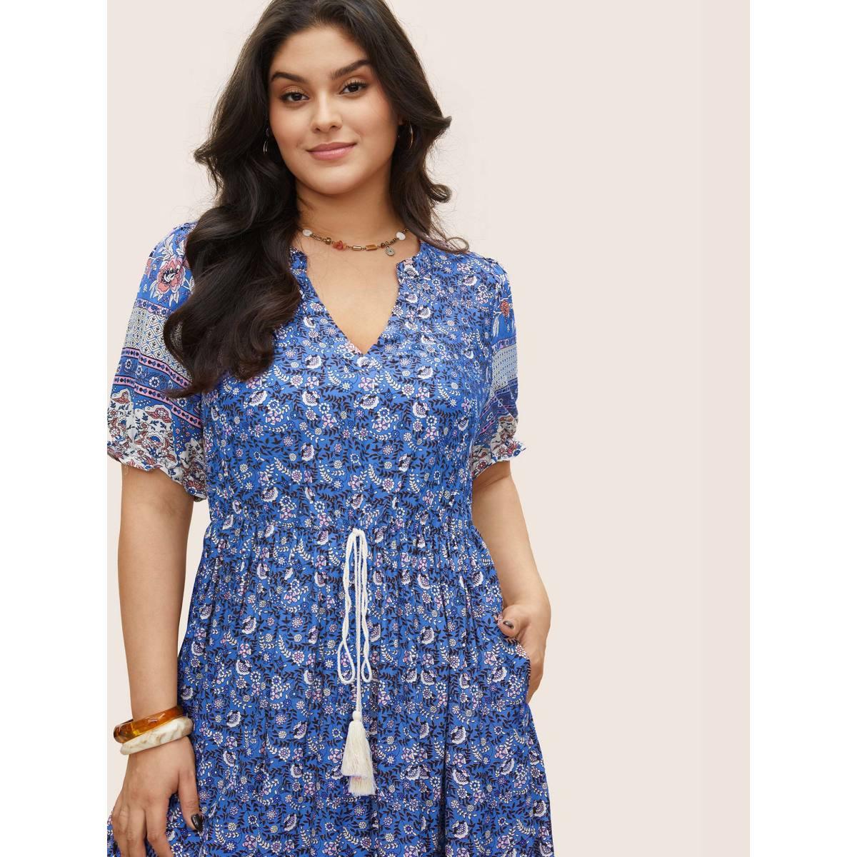 Plus Size Boho Print Notched Ties Tassel Trim Dress Blue Women Boho Non Flat collar with V-notch Short sleeve Curvy BloomChic 30/6X Product Image
