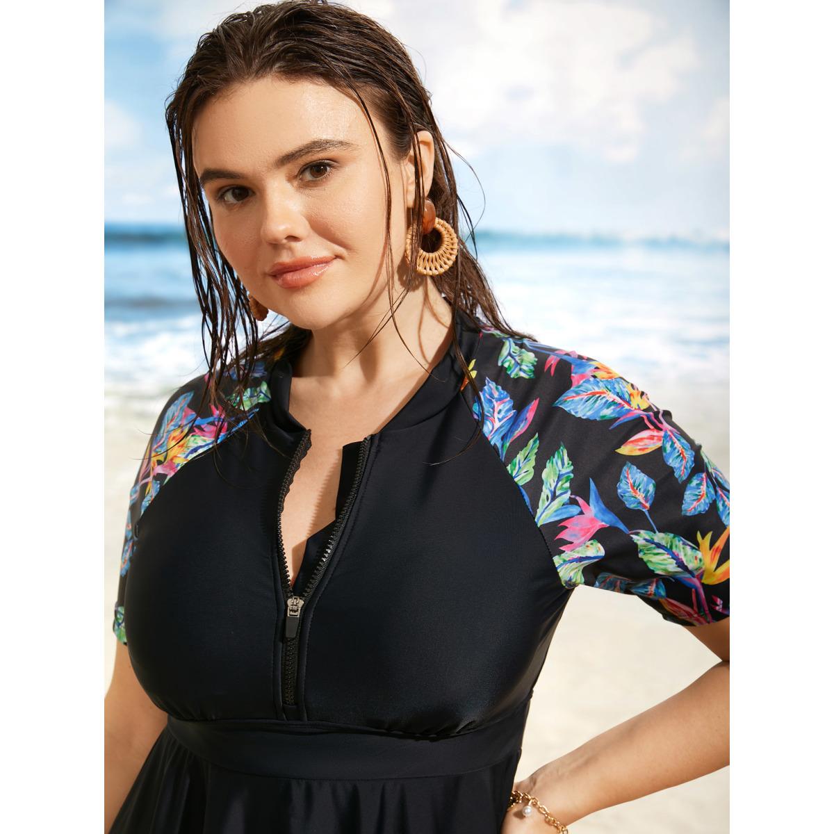 Plus Size Tropical Print Half Zip Raglan Sleeve Swim Dress Women's Swimwear Black Resort Bodycon Stand-up collar High stretch Curve Swim Dresses BloomChic 26/4X Product Image