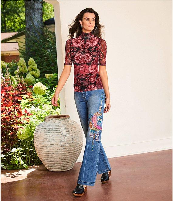 JOHNNY WAS Floral Print Mesh Knit Mock Neck Elbow Sleeve Top Product Image