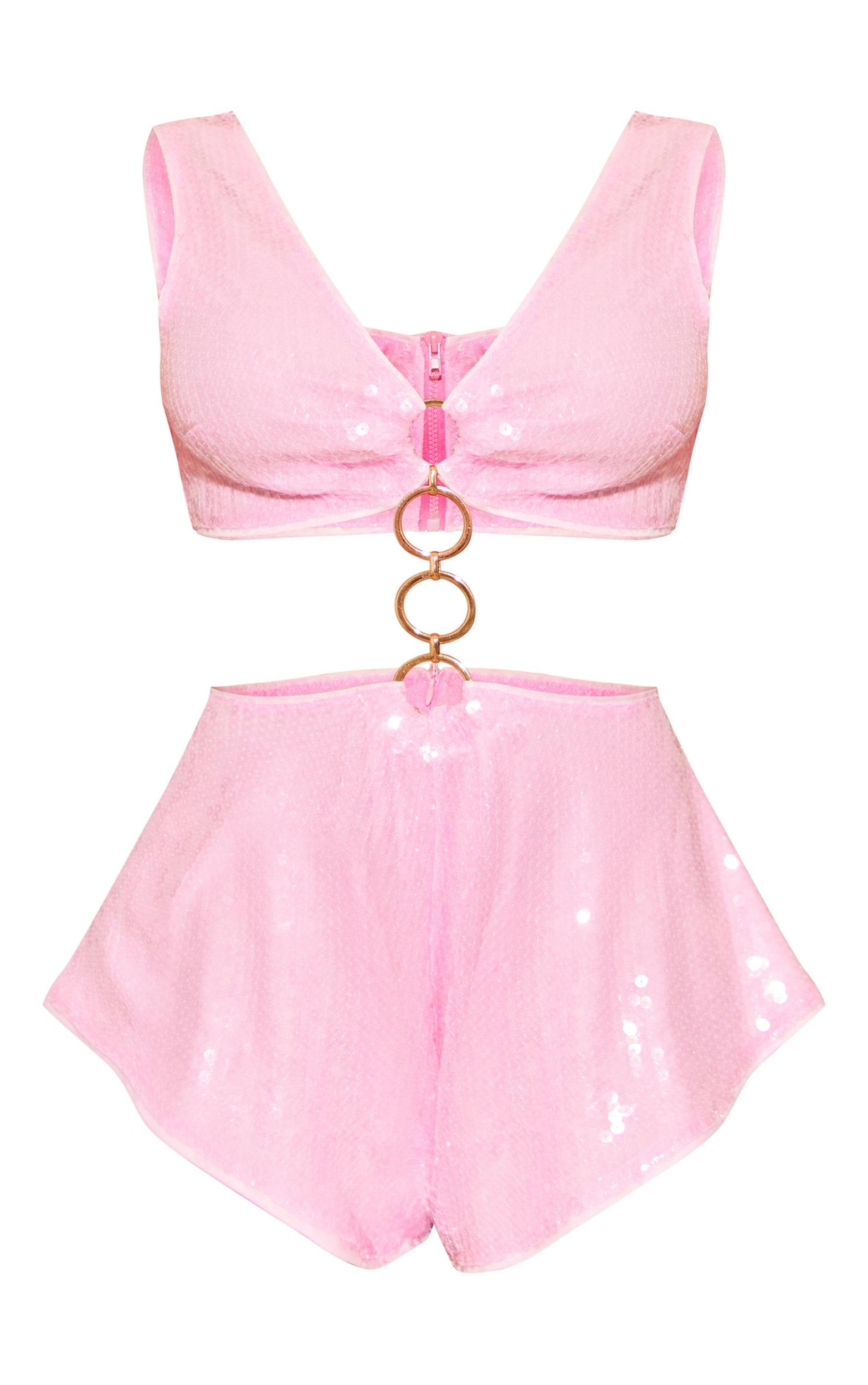 Pink Sequin Cut Out Romper Product Image
