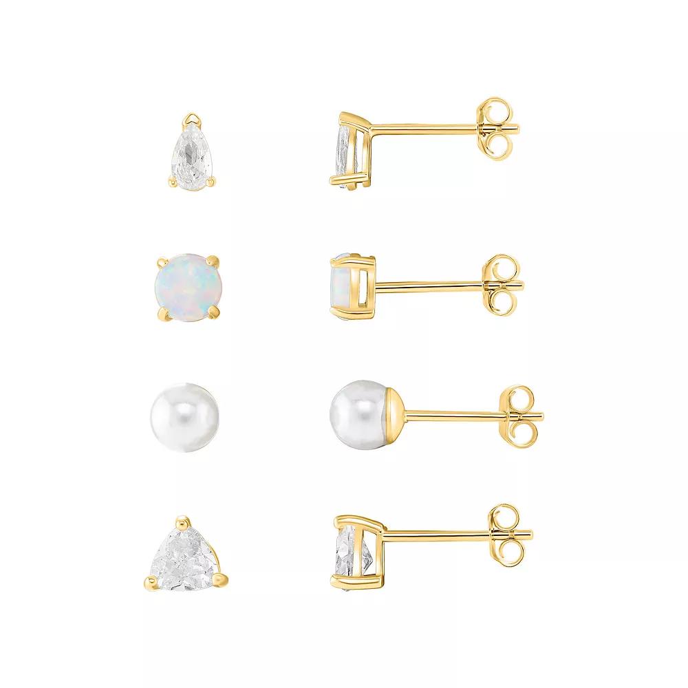 PRIMROSE 18k Gold Plated Cubic Zirconia, Opal & Simulated Pearl 4-Piece Stud Earring Set, Women's, Yellow Gold Tone Clear Product Image