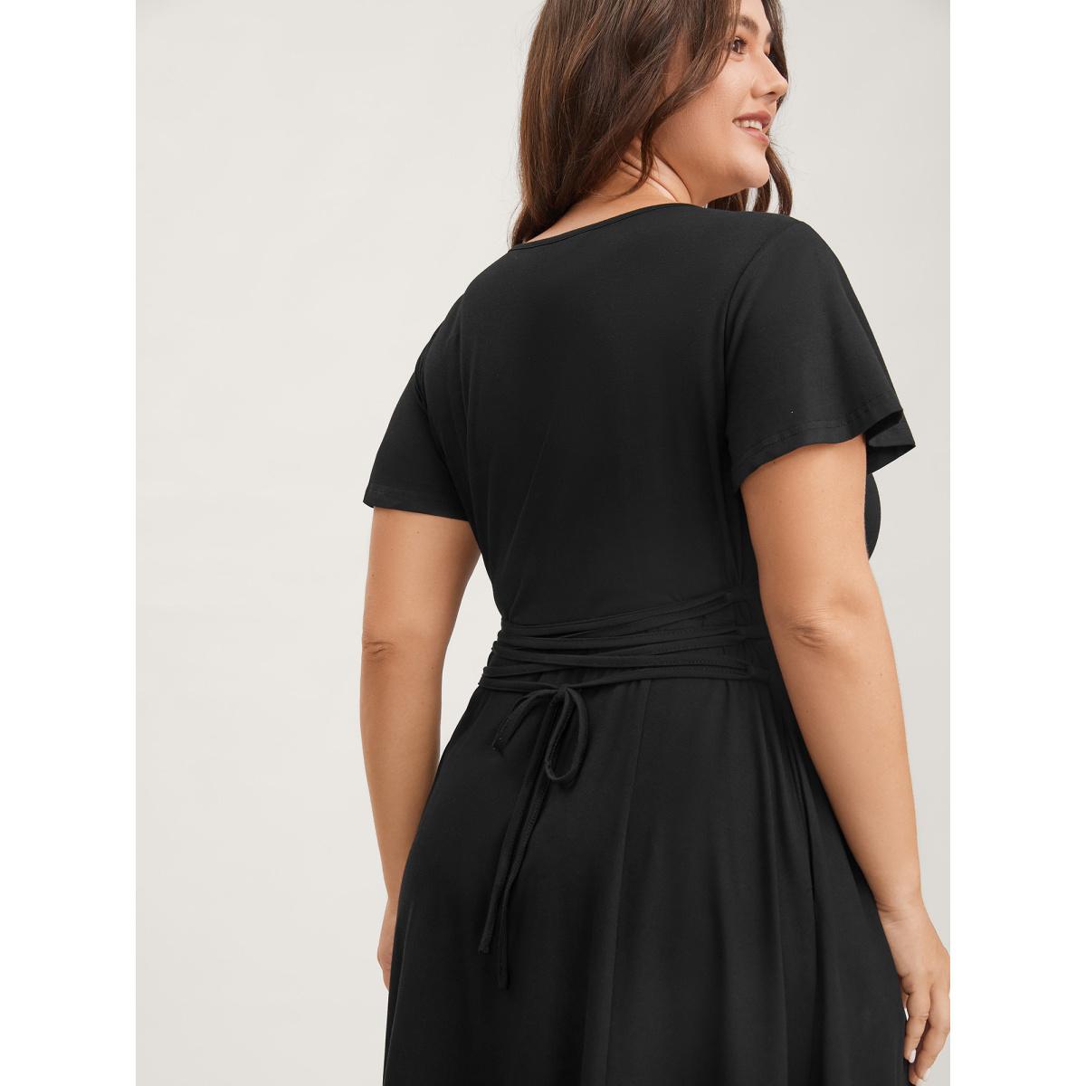 Plus Size Super Stretchy Back-Tie Pockets Midi Dress Black Women Knit Dresses Bloomchic 18-20/2X Product Image