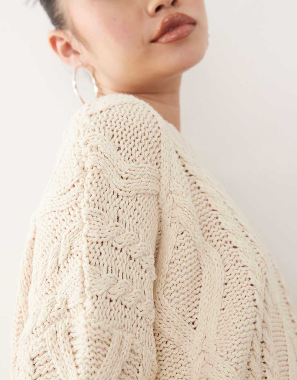 Princess Polly chunky cable knit crew neck sweater in beige Product Image