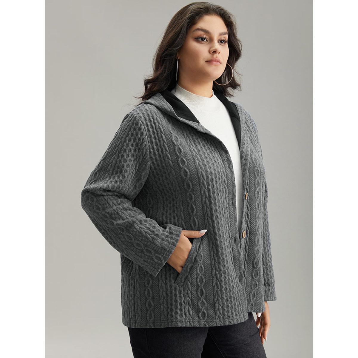 Plus Size Contrast Cable Knit Pocket Hooded Jacket Women Gray Casual Texture Ladies Dailywear Winter Coats BloomChic 18-20/2X Product Image