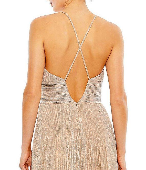 Mac Duggal Metallic Pleated Deep V-Neck Crisscross Back Detail Sleeveless Gown Product Image