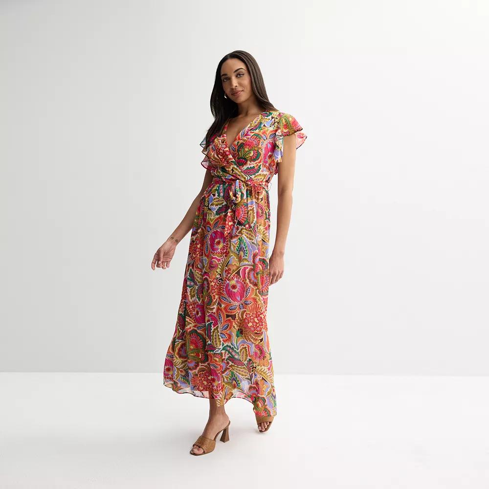 Women's Donna Ricco Flutter Sleeve V-Neck Tie Waist Maxi Dress, Size: 12, Multi Print Product Image