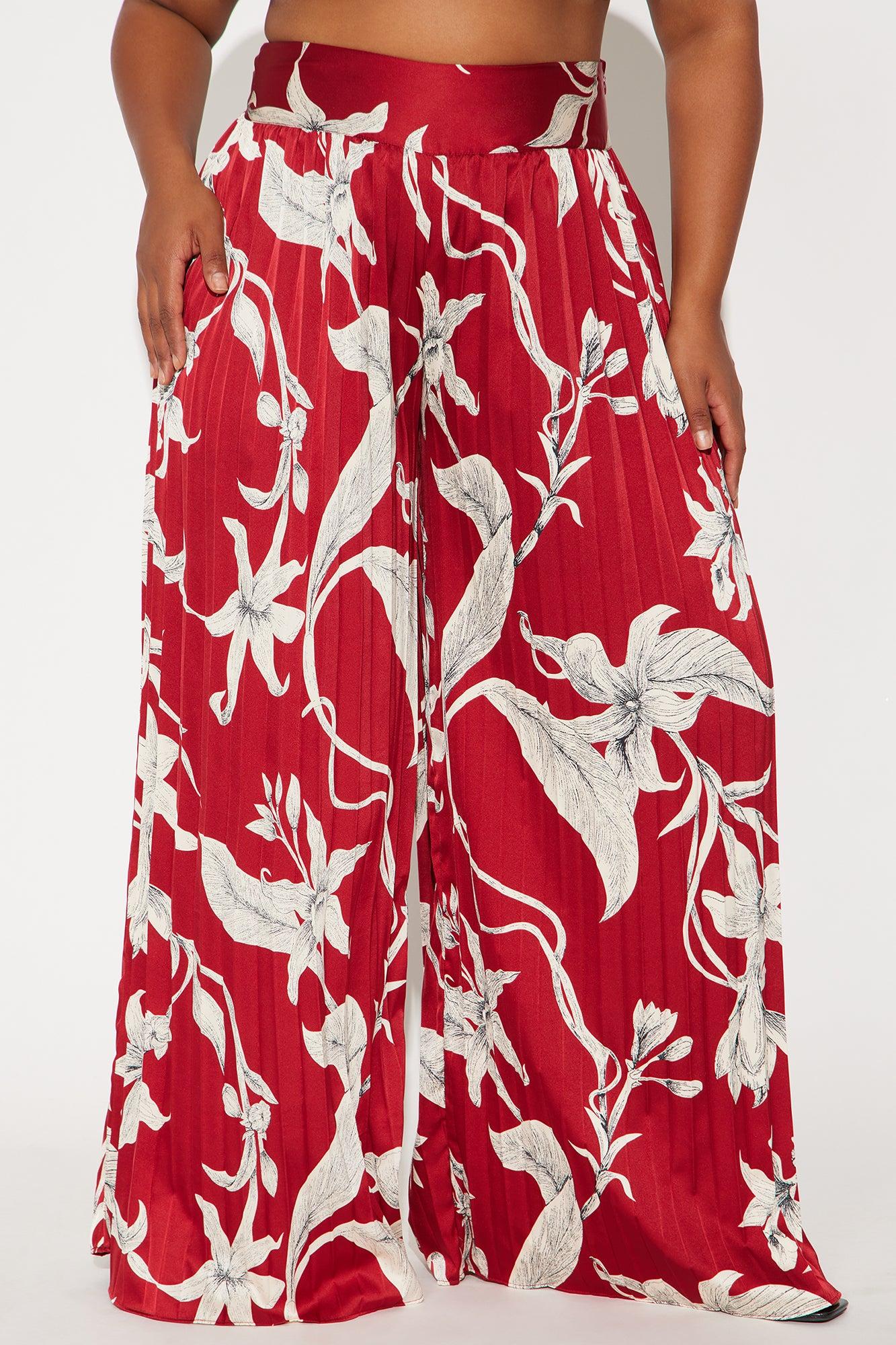 Leila Pleated Satin Wide Leg Pant - Burgundy Product Image