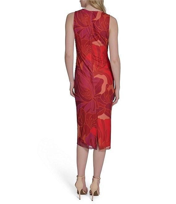 Vince Camuto Mesh Printed Round Neck Sleeveless Midi Bodycon Dress Product Image