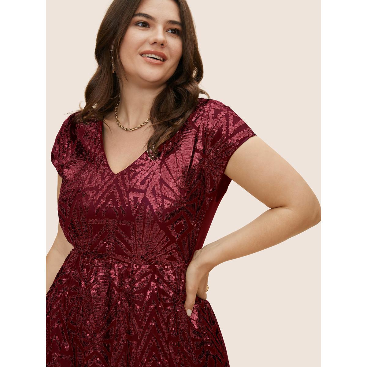 Plus Size Geometric Sequin Dolman Sleeve Midi Dress Burgundy Women Cocktail Non V-neck Cap Sleeve Curvy BloomChic 26/4X Product Image