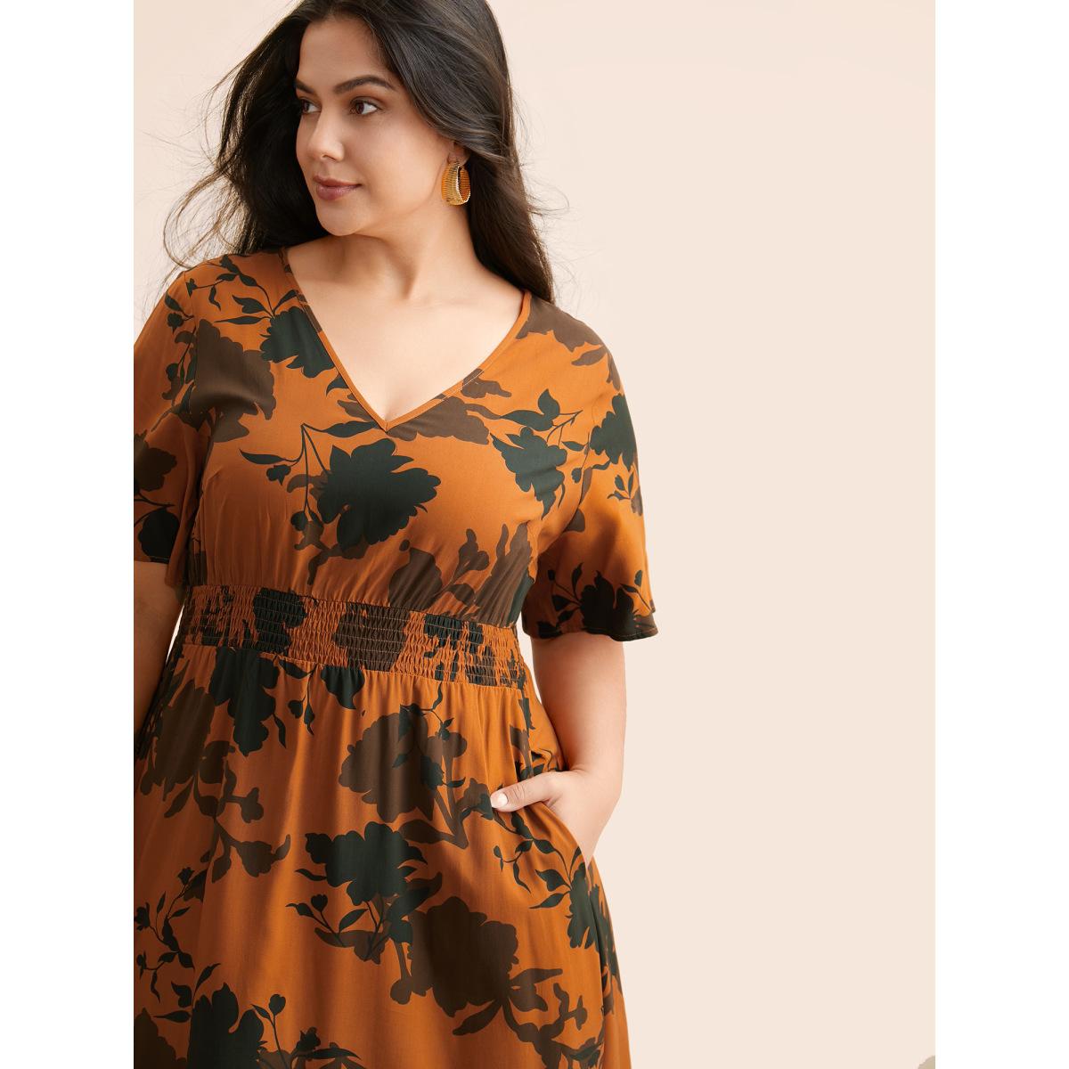 Plus Size Silhouette Floral Print Ruffle Sleeve Dress OrangeRed Women Elegant Shirred V-neck Half Sleeve Curvy BloomChic 22-24/3X Product Image